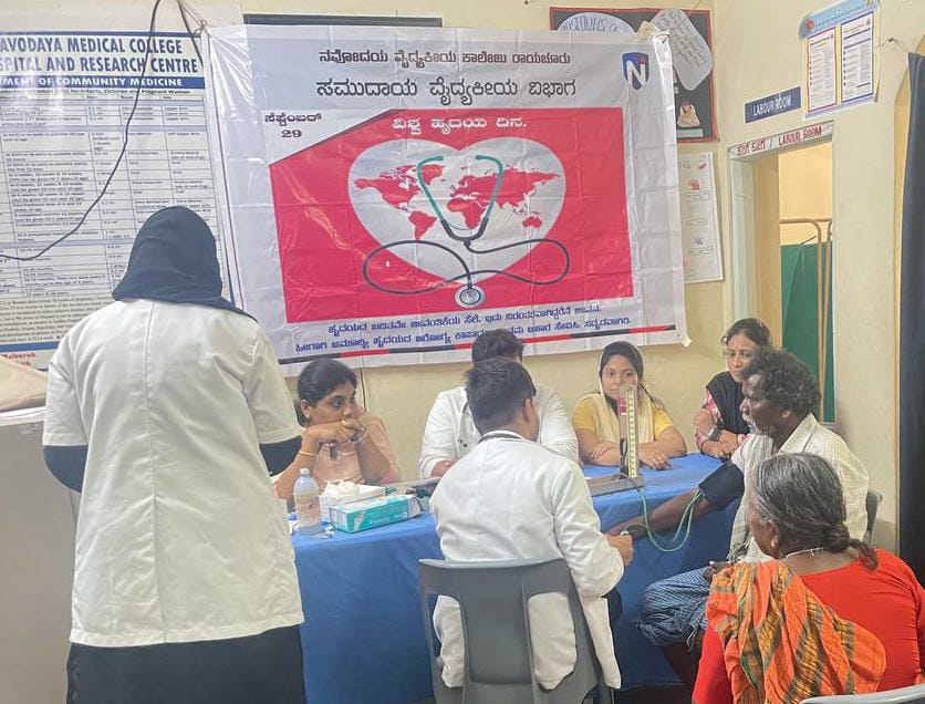 On the occasion of world heart day department of community medicine Navodaya medical college raichur organised health checkup and awareness camp at UHTC ashapur road on 29th September 2023