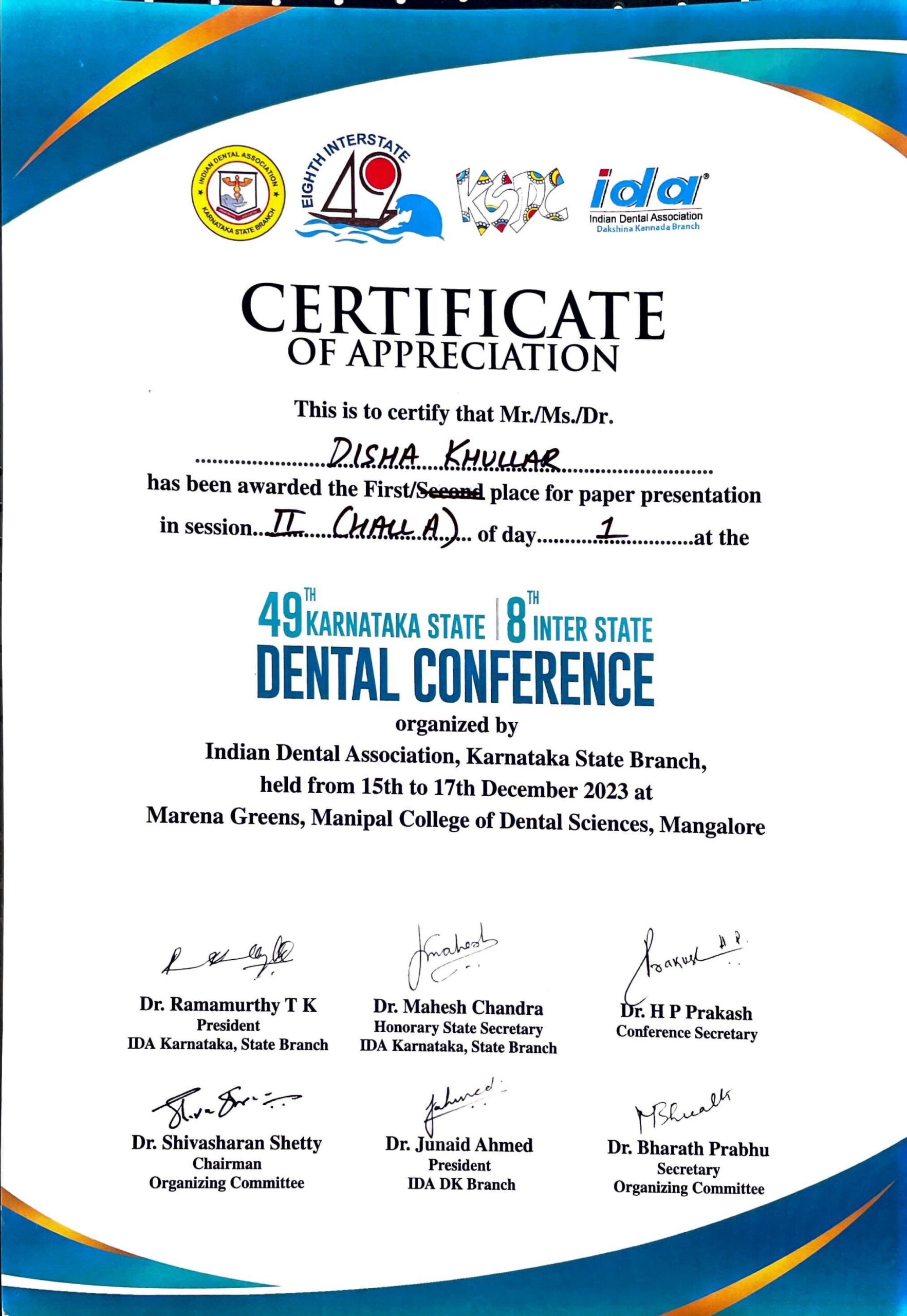 Disha has Secured First Place in Scientific Paper presentation Competition at IDA 49 Karnataka State Conference