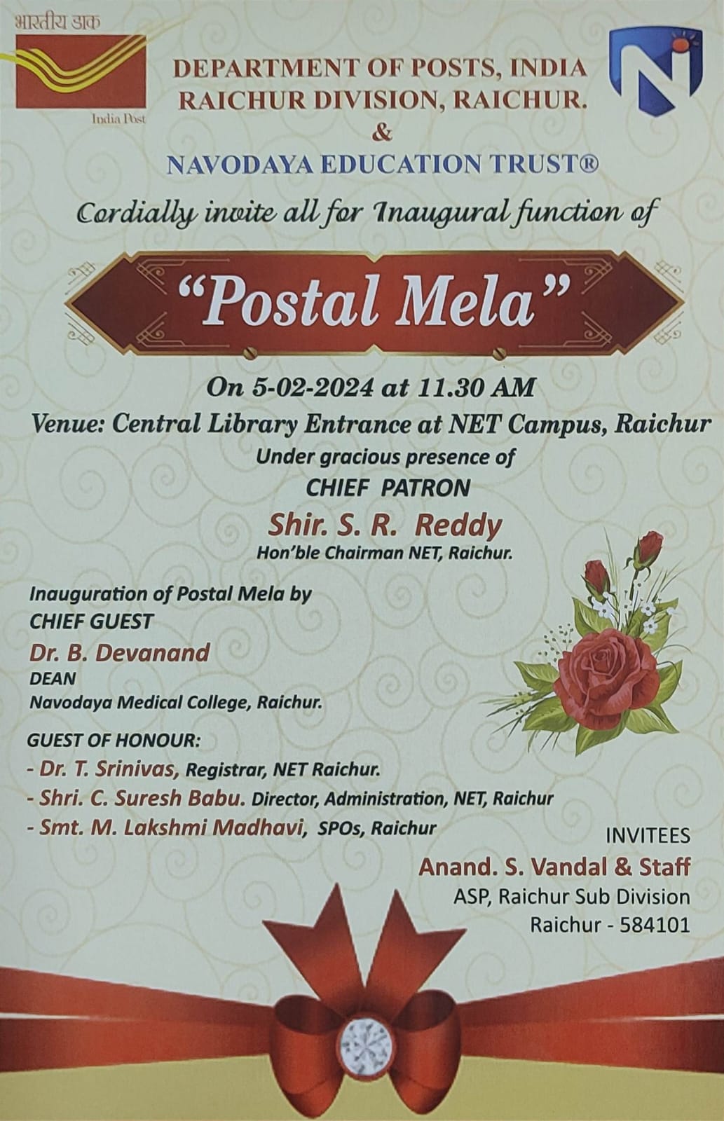 THE POST MELA Inaugural Function, Department of Posts ,India Raichur And Navodaya Education Trust, took place on February 5,2024 at Central Library Entrance of NET Campus in Raichur.