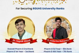 Congratulations to Dr. Sagnik Ghosh and Dr. Aniket Das Mahapatra for bringing pride to NET Pharmacy College by securing prestigious ranks at Rajiv Gandhi University of Health Sciences (RGUHS).