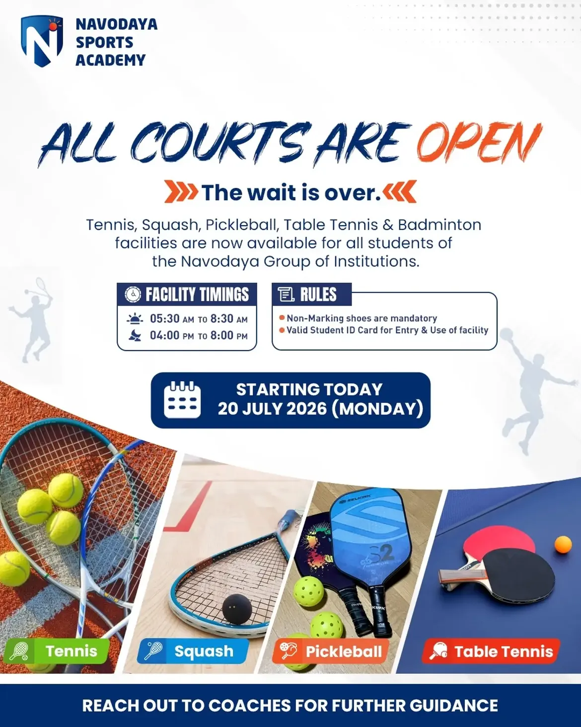 Navodaya Sports Academy Opens Tennis, Pickleball, Table Tennis & Squash Facilities